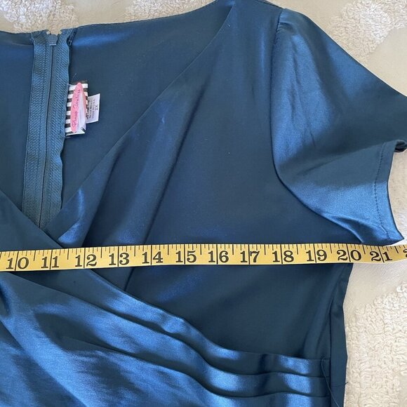 Pinup Couture Ava Faux Wrap Wiggle Dress Turquoise Satin 2X Retro Mad Men Glam - Picture 5 of 10